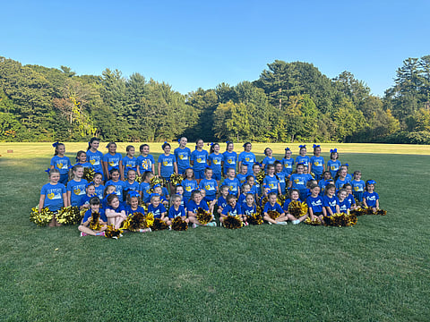 A group of cheerleaders wearing blue and gold and holding bright gold pom poms pose in a field for a group photo.