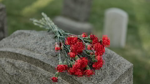 an up close shot of a headstone with red flowers on top
