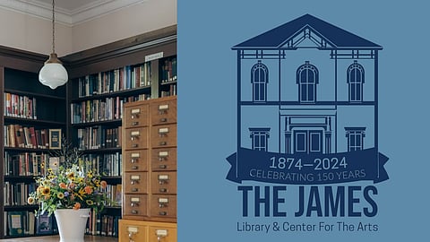 Graphic drawing of the James library and a picture of the stacks and card catalog inside the James.