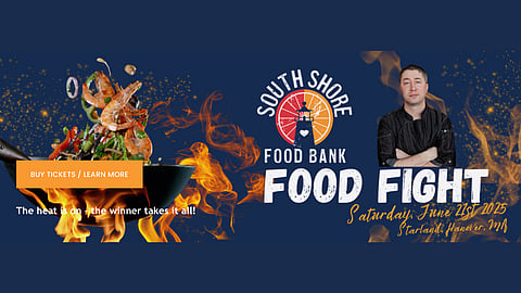 dark blue background with shrimp and veggies being tossed in an open flame and photo of Chef Stephen Coe on a flyer for the South Shore Food Bank's Food Fight