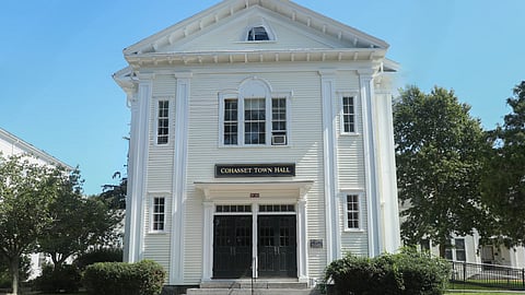 Exterior of Cohasset Town Hall- Cohasset's 10K Road Race and Safe Harbor walk draw hundreds as town prepares for new programs and a key tax deadline.