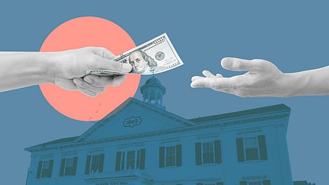 A hand passing money to another over a superimposed image of Hanover Town Hall.