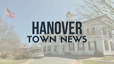 Image of Hanover MA Town Hall with the words "Hanover Town News" over it
