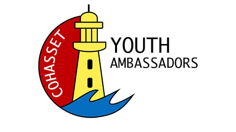 cohasset youth ambassador logo with bright blue wave, yellow light house and a red background