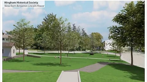 Rendering of Fountain Square redesign showing expanded green space, improved sidewalks, and reconfigured traffic lanes.