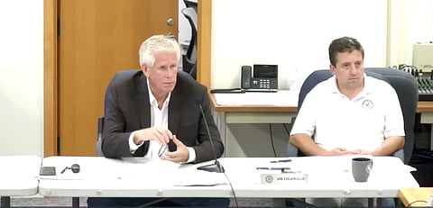 Hanover Select Board meeting as Finance Director James Hoyes presents FY26–FY32 budget forecast with slower revenue growth and higher costs.