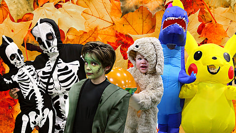 Children in costumes play outdoors at Starland’s Halloween Spooktacular in Hanover, enjoying fall-themed activities and trick-or-treat fun.
