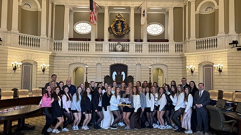 Duxbury High School girls soccer players are recognized at the Massachusetts State House for their 2025 Division 2 championship.