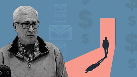 A black and white image of a man superimposed over a graphic of a mean leaving.