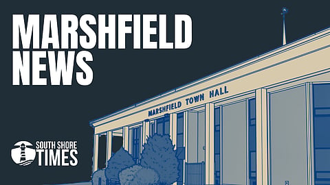 A stylized drawing of Marshfield town hall