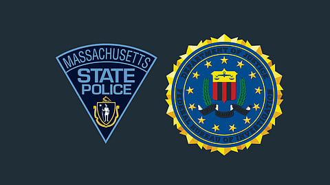 A dark blue background with the Massachusetts State Police seal and the FBI seal