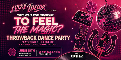 a graphic for a dance party that is hot pink and black that has a disco ball and a record player and a hand throwing up a peace sign and sparkles