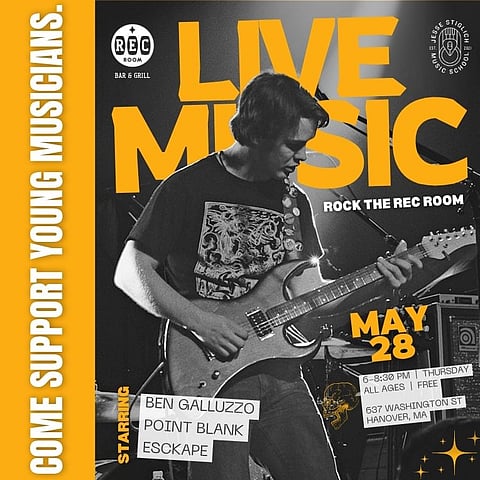 a flyer for live music at the Rec Room at Starland in Hanover MA, black and orange lettering