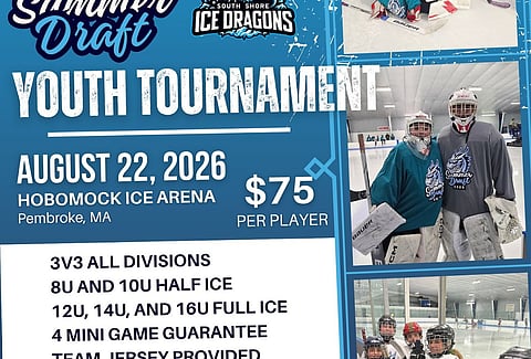 a blue and white flyer advertising summer draft for youth hockey tournament- has images of goalies and hockey players on the ice at a hockey rink