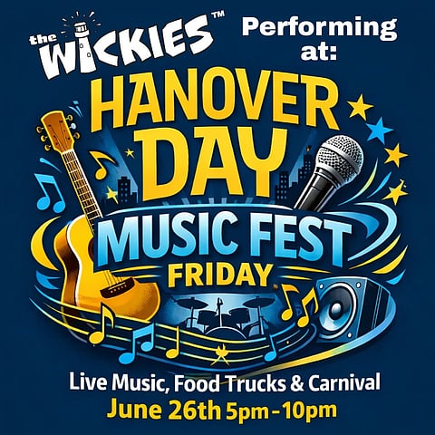 poster for The Wickies performance at Hanover Day- blue and gold with a guitar and microphone with musical notes and stars swirling around