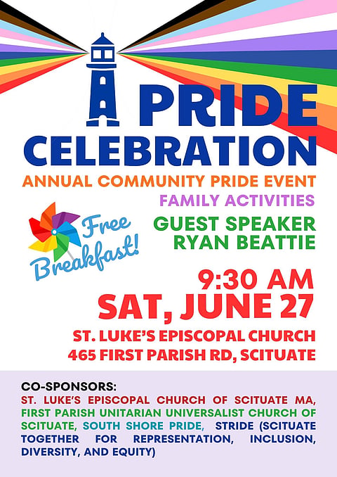 a pride event flyer with a lighthouse that has the pride colors beaming out of it