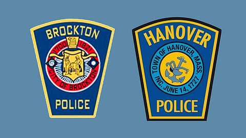 police badges for brockton and hanover on a light blue background