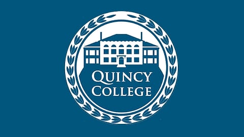 quincy college logo on a dark blue back ground. logo is a graphic representation of the building