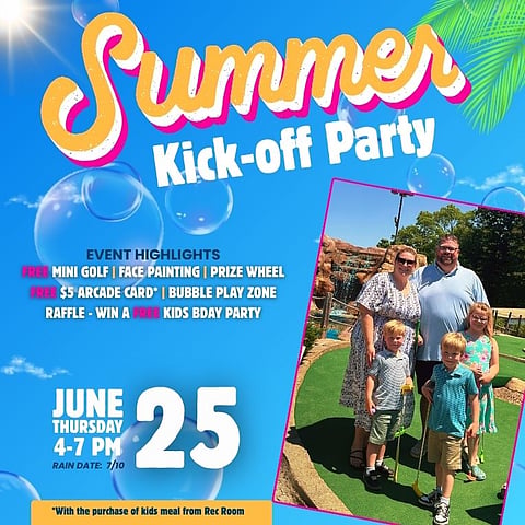 starland summer kick off party flyer with palm trees and bubbles and mini golf on it