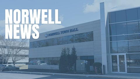 image of Norwell Town Hall, a white modern office building, overlaid with a transparent blue and the words "Norwell News" in white letters