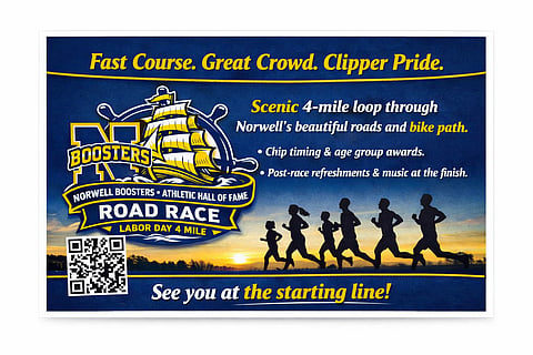 a clippers road race poster with runner silhouettes and an image of a clipper ship