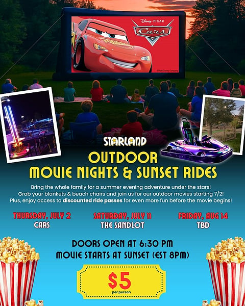 flyer for outdoor movies at starland- image of Disney movie cars on an outdoor movie screen and people watching while sitting on the grass