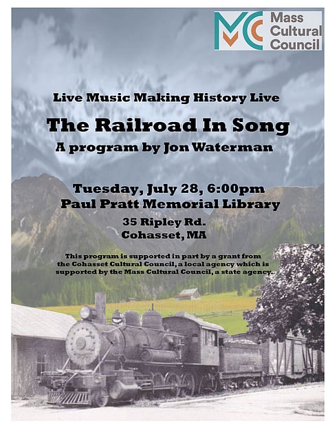 flyer for a railroad song program with an image of clouds, mountains and an old fashioned train