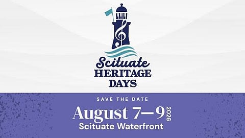 graphic of a lighthouse with a treble cleft on it and graphic ocean waves underneath advertising the Scituate heritage days