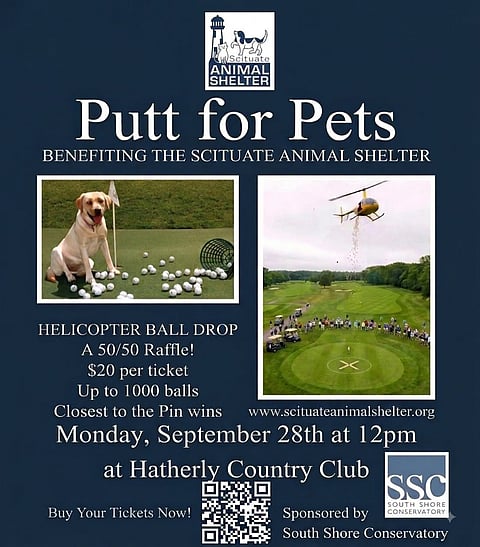 promo poster for putt for pets Scituate animal shelter benefit with pictures of dogs on a golf course