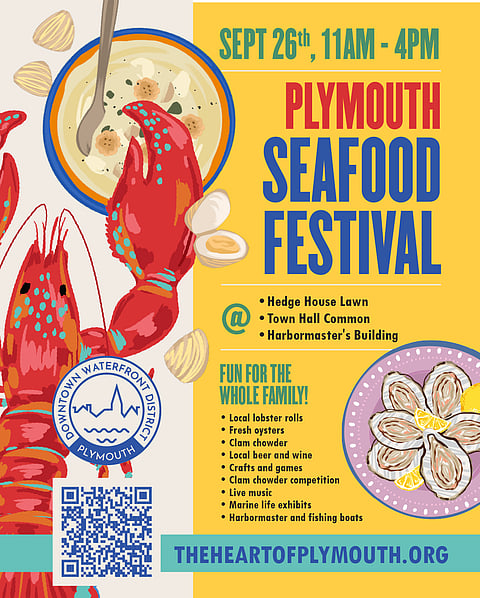 promo poster for Plymouth seafood festival with a giant red lobster on it and a cup of clam chowder, as well as plate of oysters