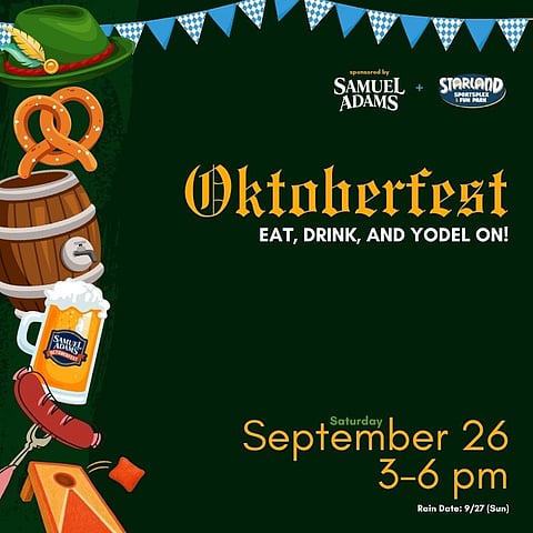 Promo poster for Oktoberfest at Starland, dark green background with pretzel and beer graphics on it