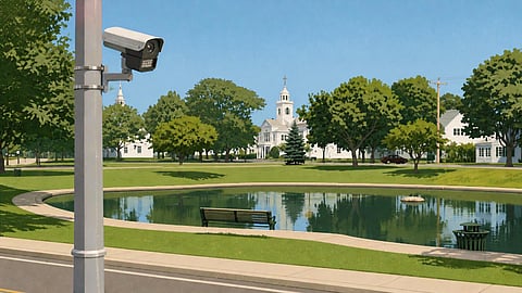 stylized image of Cohasset town center with a flock camera