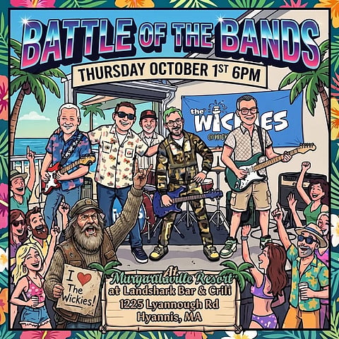 promo poster for The Wickies with palm trees and a band on a stage