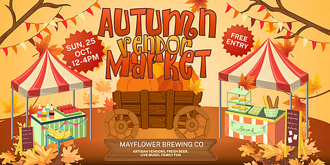 promo poster for autumn vendor market at mayflower brewing company with cart that has pumpkins in it, and festival booths