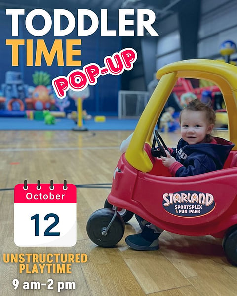 promo poster for toddler time with a toddler in a toy car in a gym