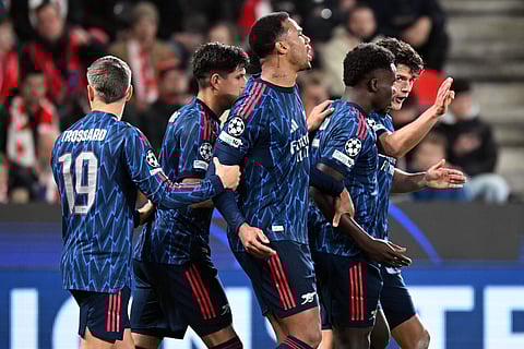 Arsenal players celebrate against Slavia Prague
