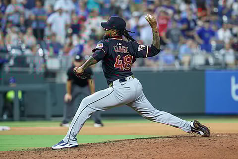 Emmanuel Clase pitching the ball