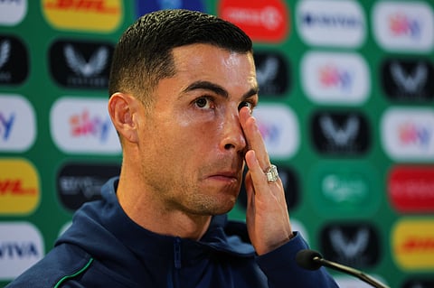 Cristiano Ronaldo attends a pre-match presser
