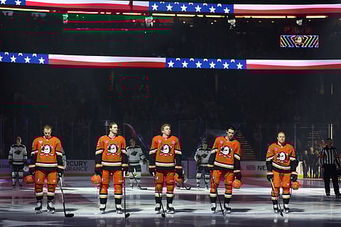 Anaheim Ducks players during national anthem