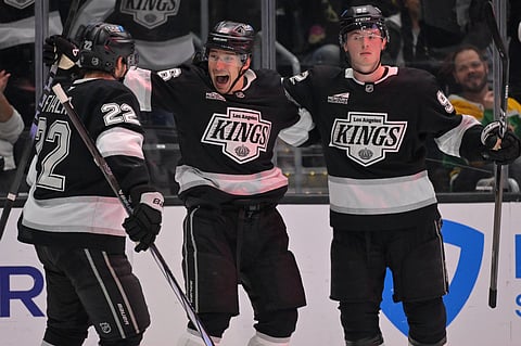 Los Angeles Kings players celebrate during a game