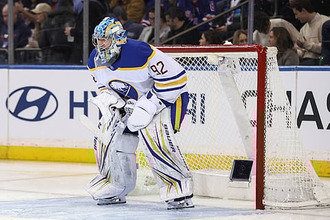 Buffalo Sabres goaltender Colten Ellis in action against New York Rangers