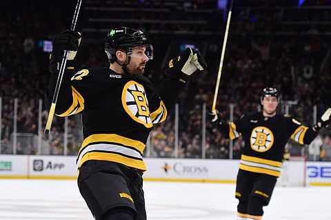 Boston Bruins center Sean Kuraly celebrates his goal against Calgary Flames