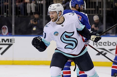 Shane Wright celebrates his goal against New York Rangers