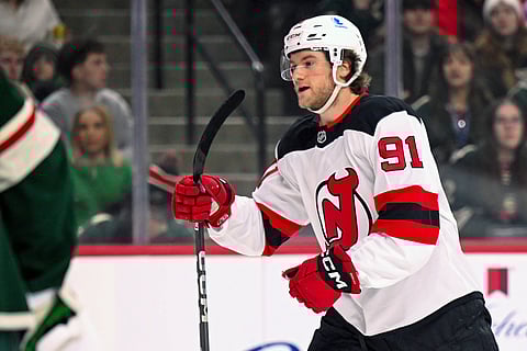 New Jersey Devils forward Dawson Mercer celebrates his goal against Minnesota Wild