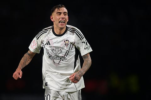 Jefte Betancor of Albacete Balompie celebrates his goal vs. Real Madrid