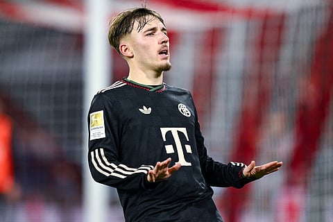 Lennart Karl celebrates after scoring Bayern Munich's third goal