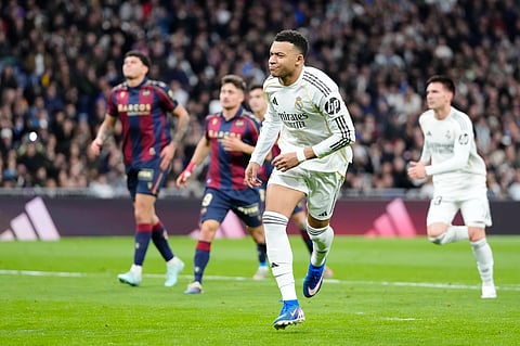 Kylian Mbappe celebrates his goal against Levante