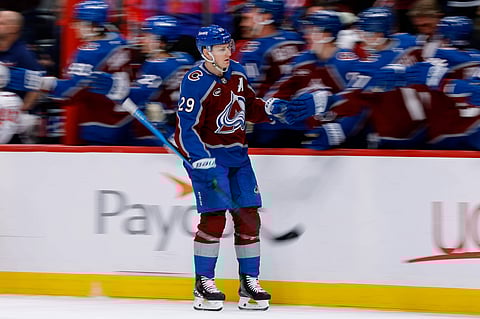 Nathan MacKinnon celebrates after his goal against Washington Capitals