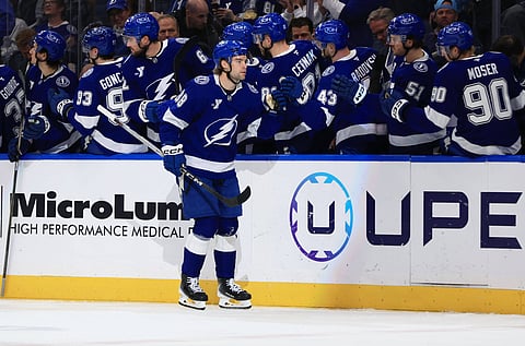 Tampa Bay Lightning players celebrate their win