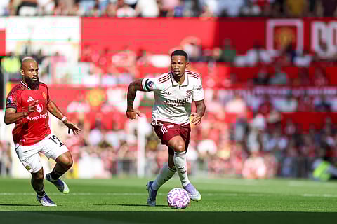 Arsenal defender Gabriel in action with Manchester United's Bryan Mbeumo